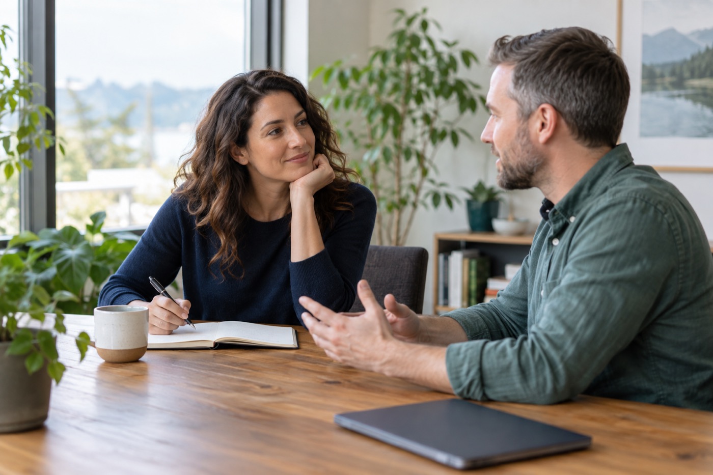 AI-made image of a business owner and coach talking about goals at a table