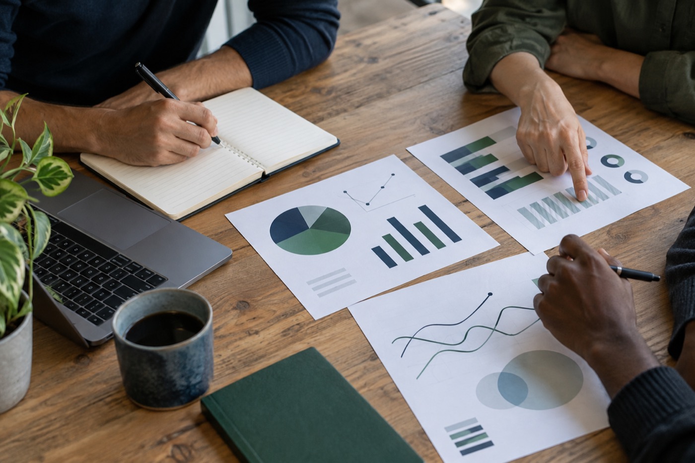 AI-made image of people reviewing a business plan and charts