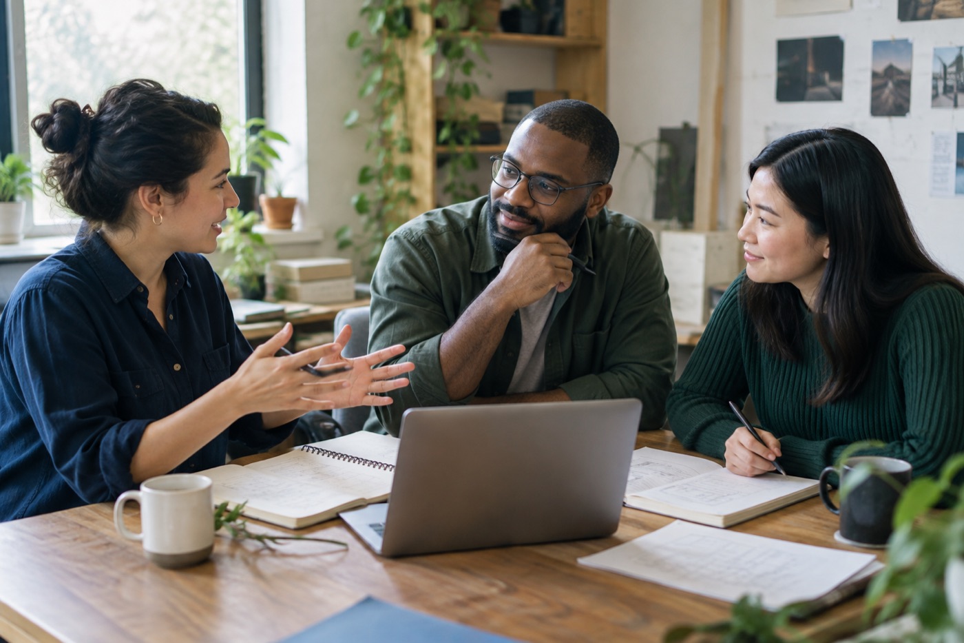 AI-made image of a small team talking about roles and tasks