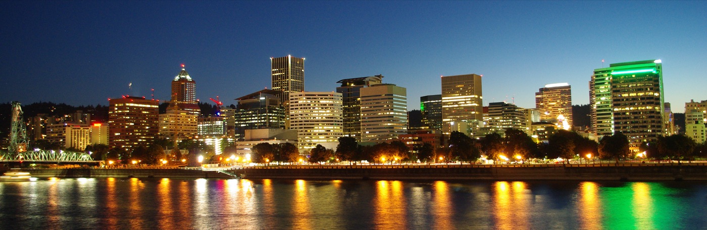 Portland skyline and Willamette River at dusk